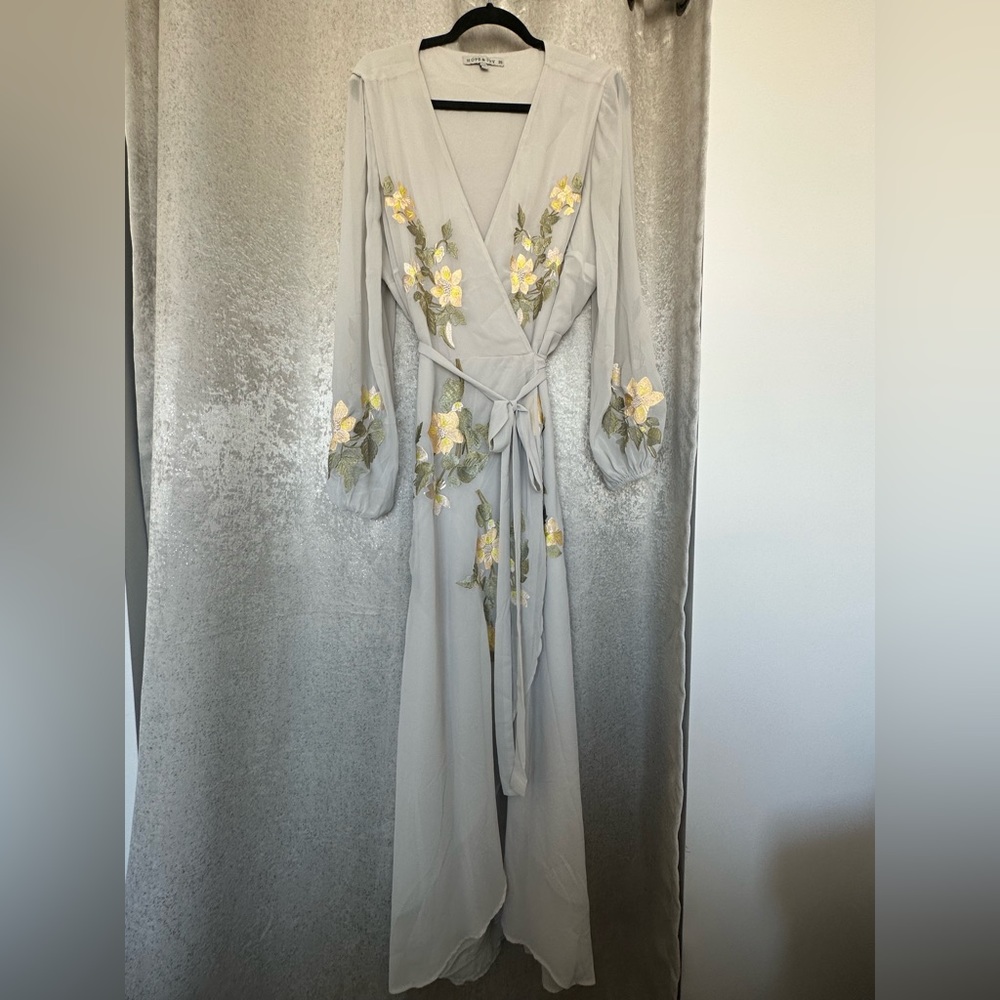 Hope and Ivy Elena Embroidered Pale Grey Wrap Maxi Dress